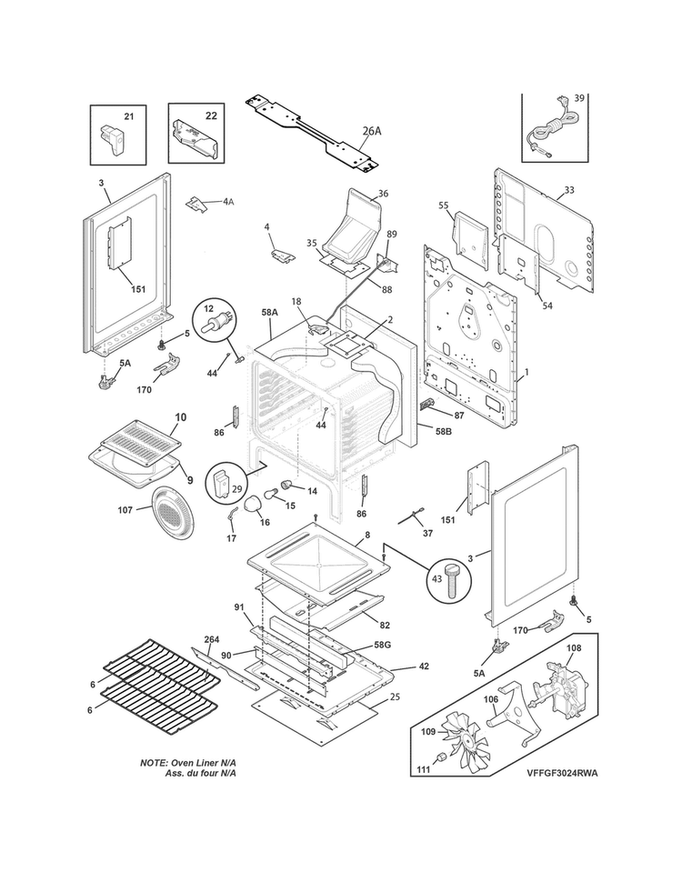 Body Diagram and Parts List for FFGF3024RWA  Frigidaire Range