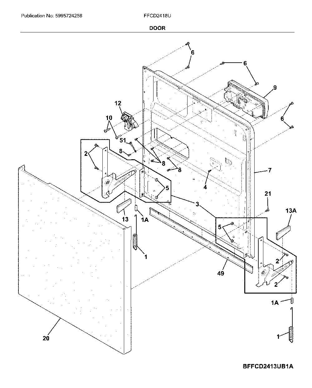 Door Diagram and Parts List for FFCD2418UB3A  Frigidaire Dishwasher