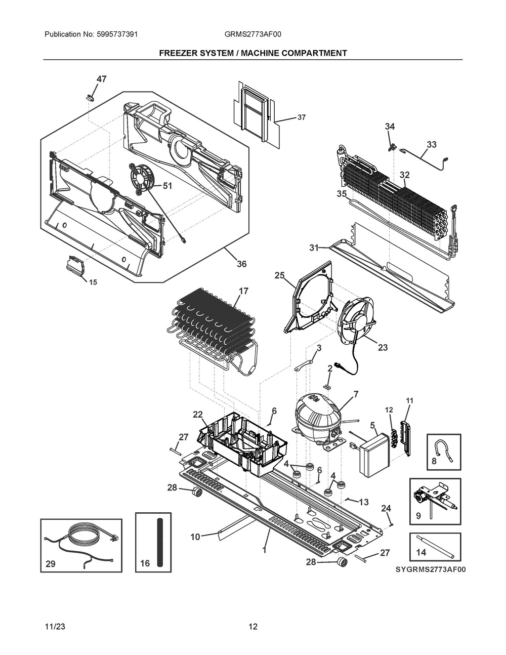 Freezer System / Machine Compartment Diagram and Parts List for GRMS2773AF00  Frigidaire Refrigerator