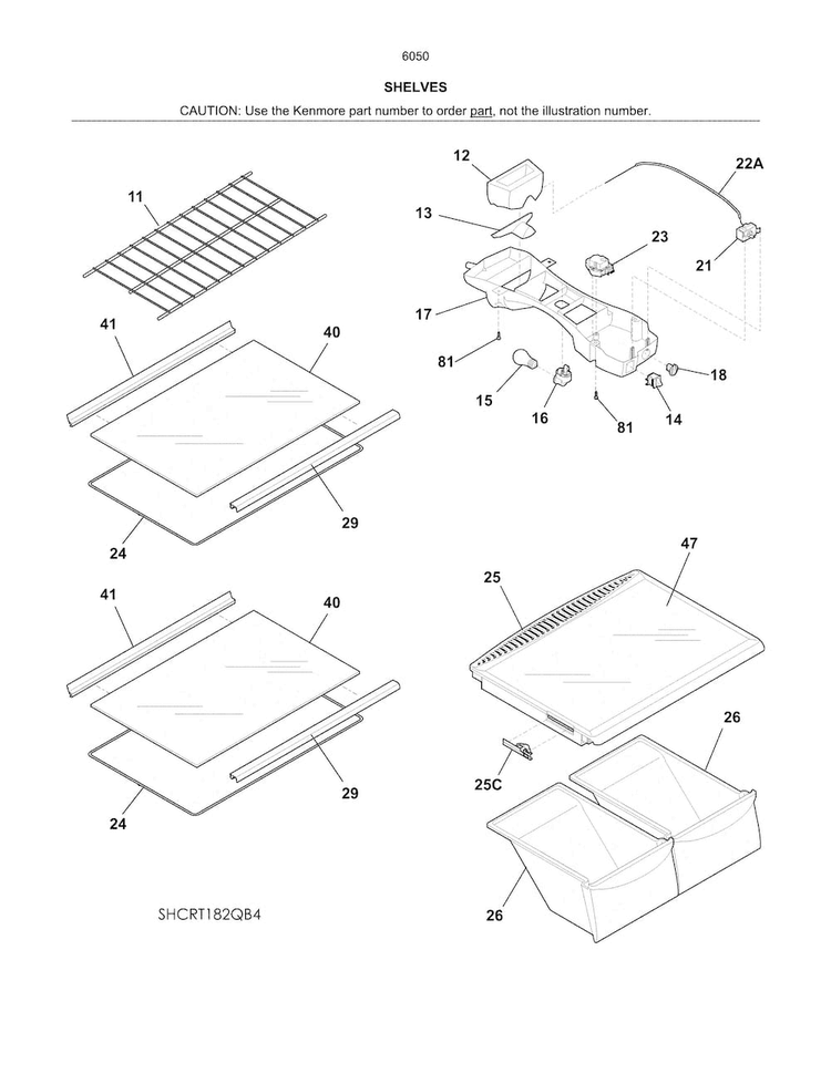 Shelves Diagram and Parts List for 25360509612  Kenmore Refrigerator