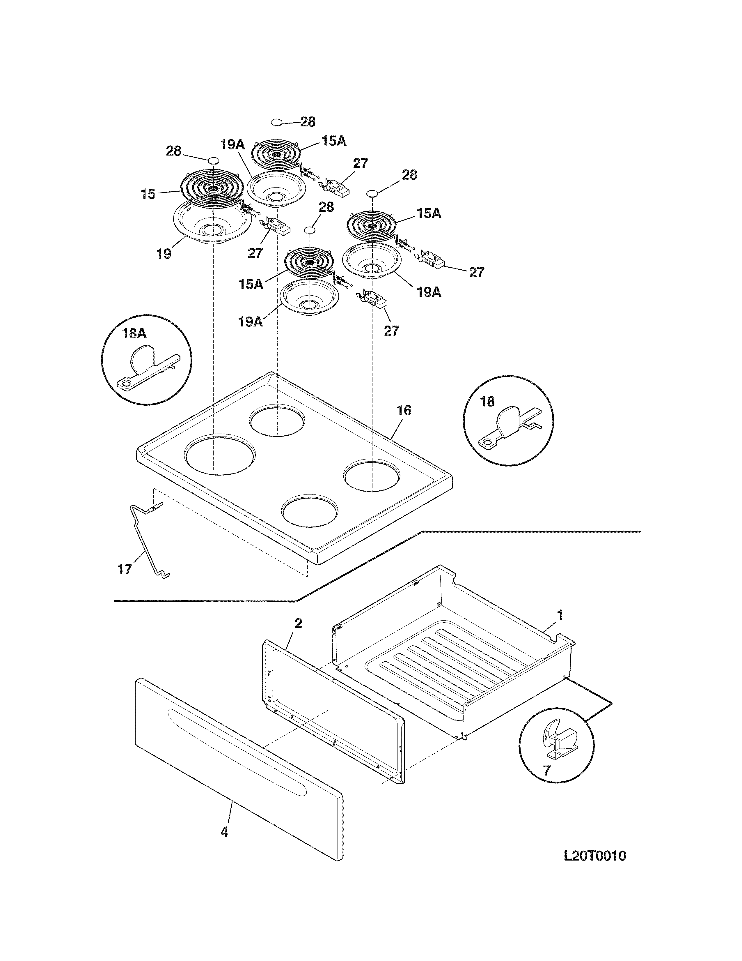 Top/drawer Diagram and Parts List for 79065312211  Kenmore Range