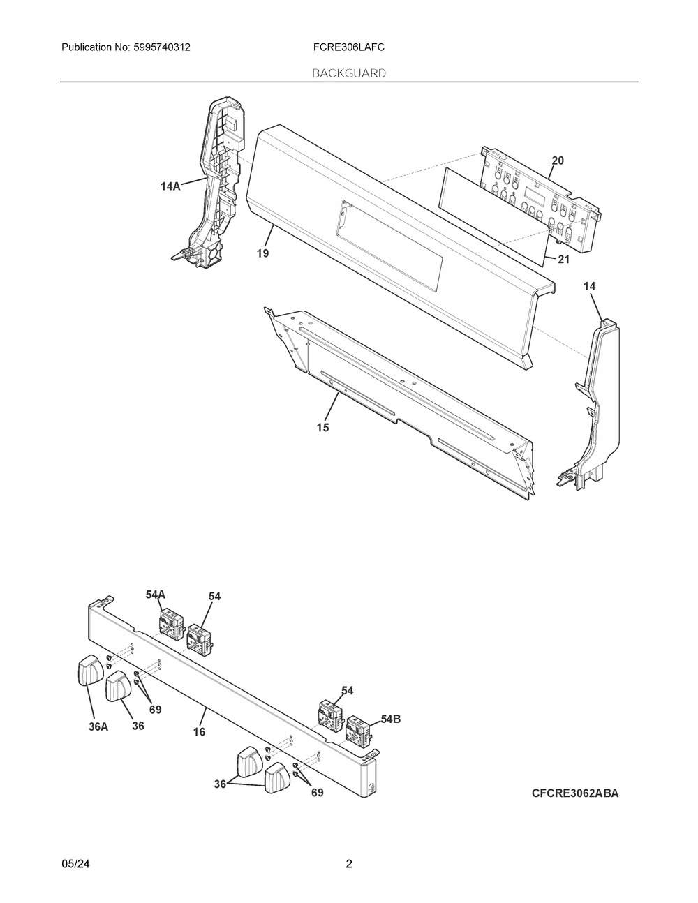 Backguard Diagram and Parts List for FCRE306LAFC  Frigidaire Range