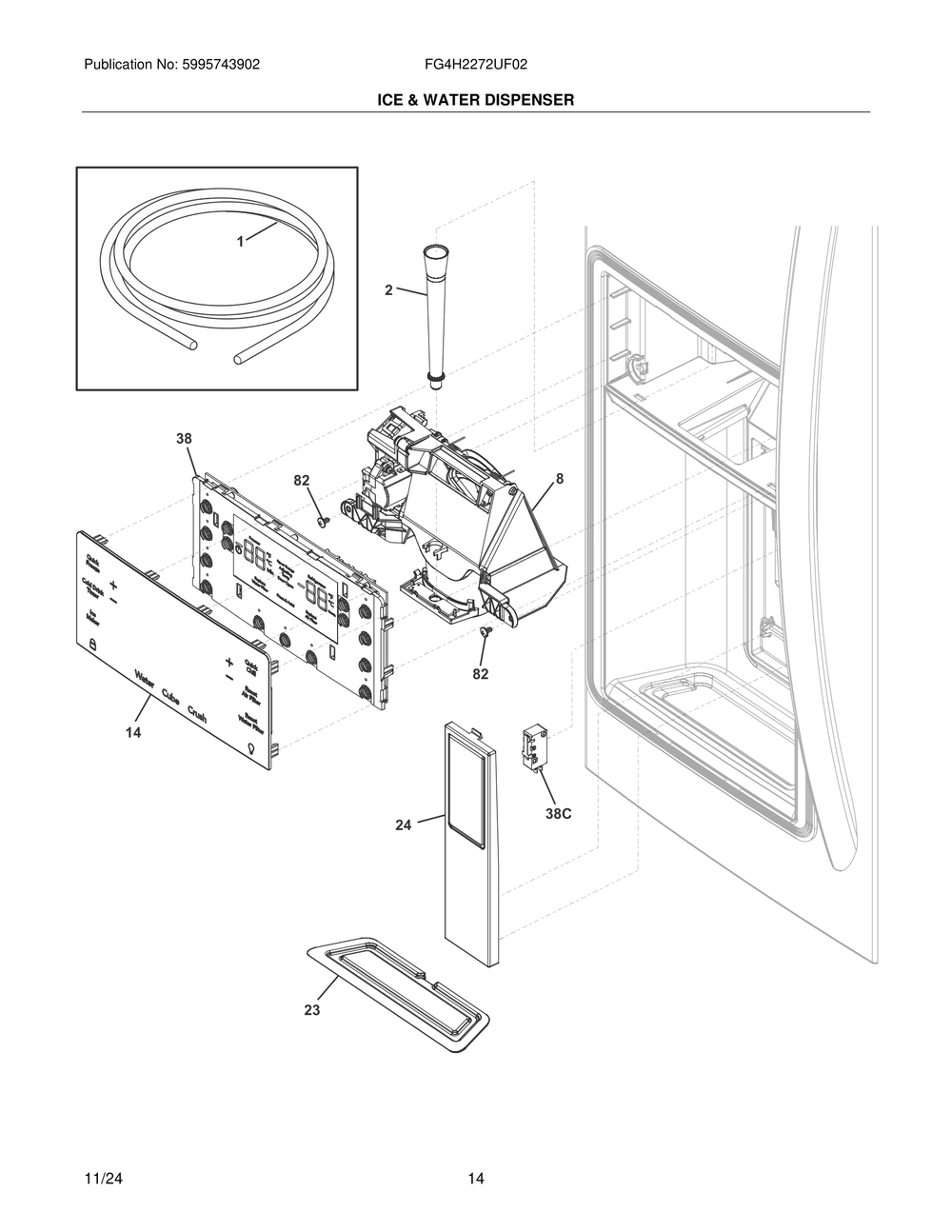 Ice And Water Dispenser Diagram and Parts List for FG4H2272UF02  Frigidaire Freezer