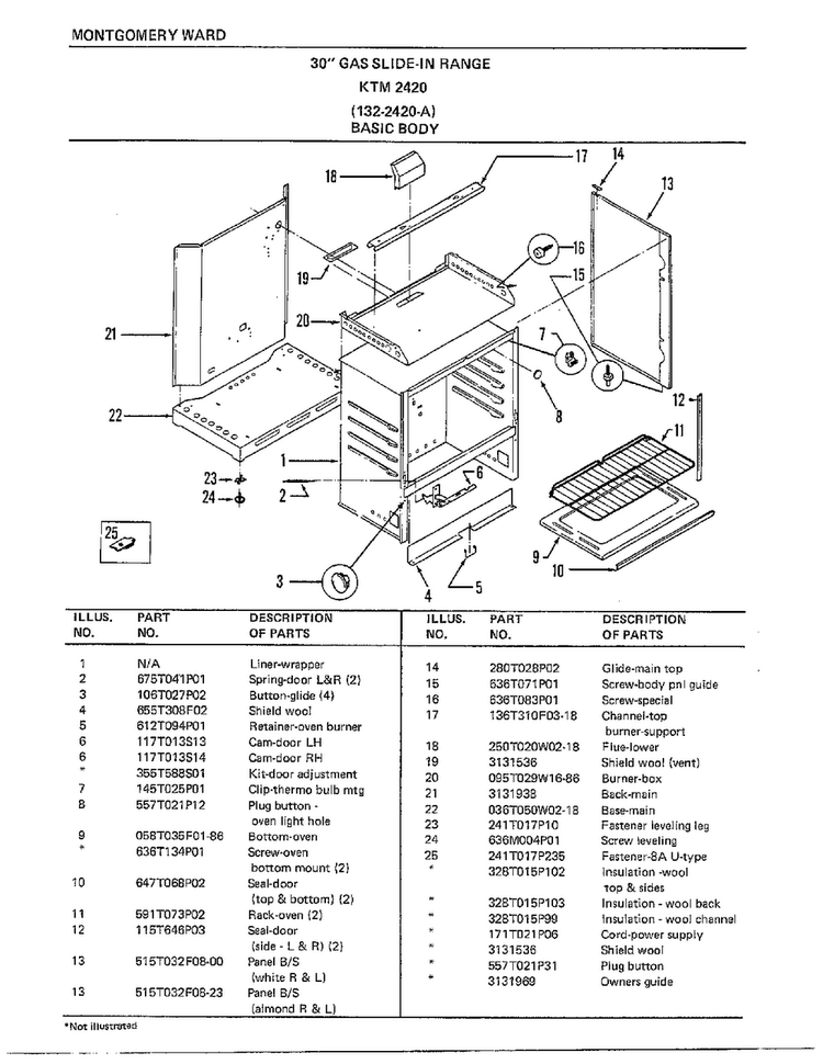 30" Gas Slide-in Range/basic Body Diagram and Parts List for 2420A  Frigidaire Range