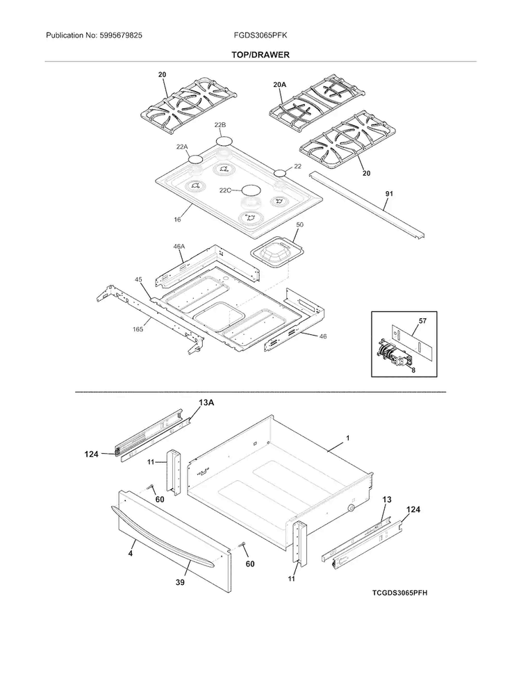 Top/drawer Diagram and Parts List for FGDS3065PFK  Frigidaire Range