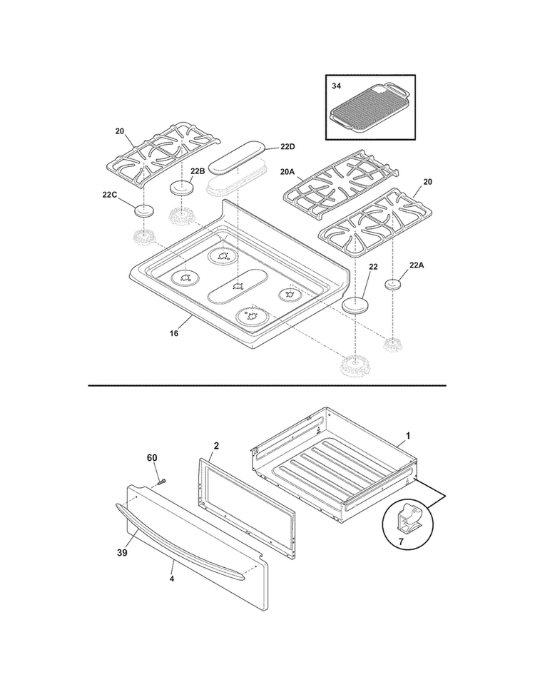 Top/drawer Diagram and Parts List for CGGF3054MFC  Frigidaire Range