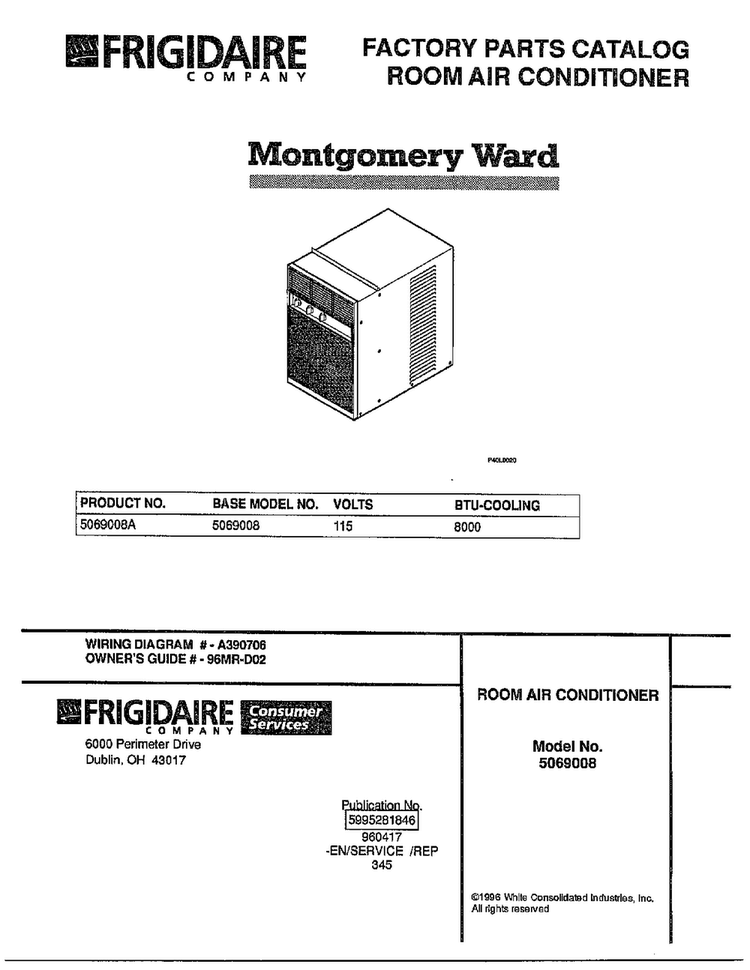 Room Air Conditioner Diagram and Parts List for 5069008A  Frigidaire Air Conditioner