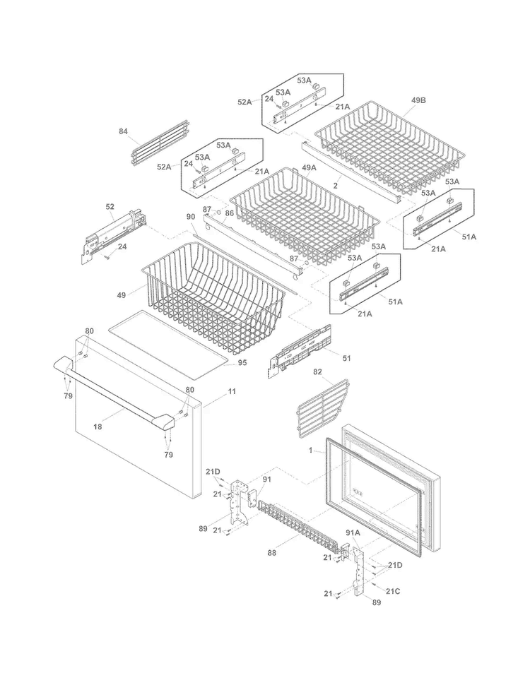 Freezer Drawer, Baskets Diagram and Parts List for E23BC78IPSG  Electrolux Refrigerator