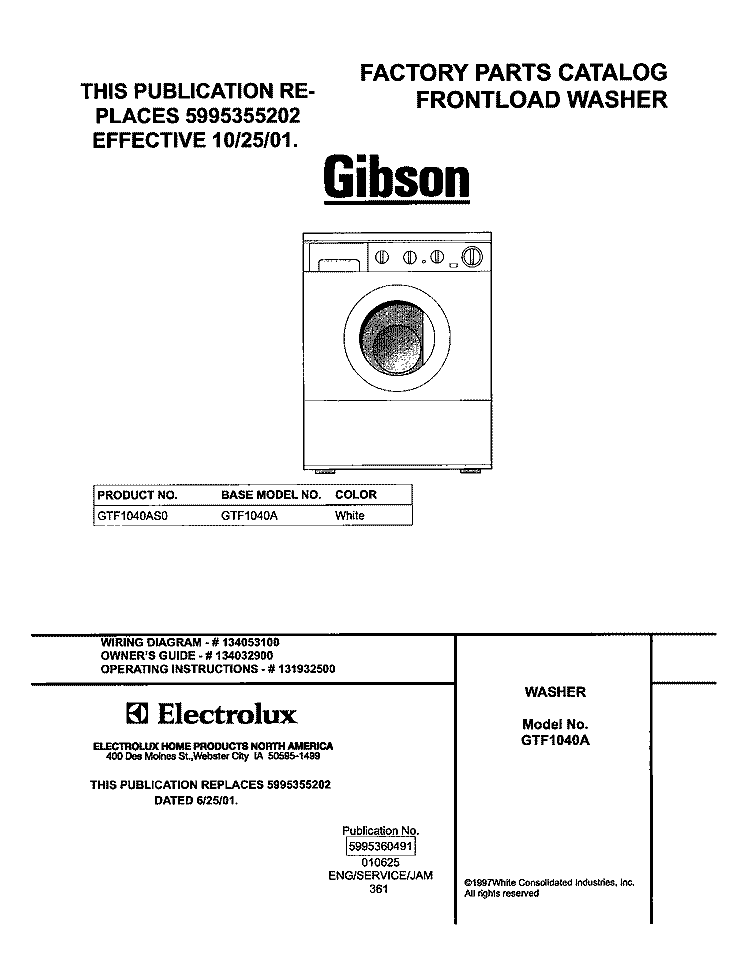 COVER Diagram and Parts List for GTF1040AS0  Gibson Washer