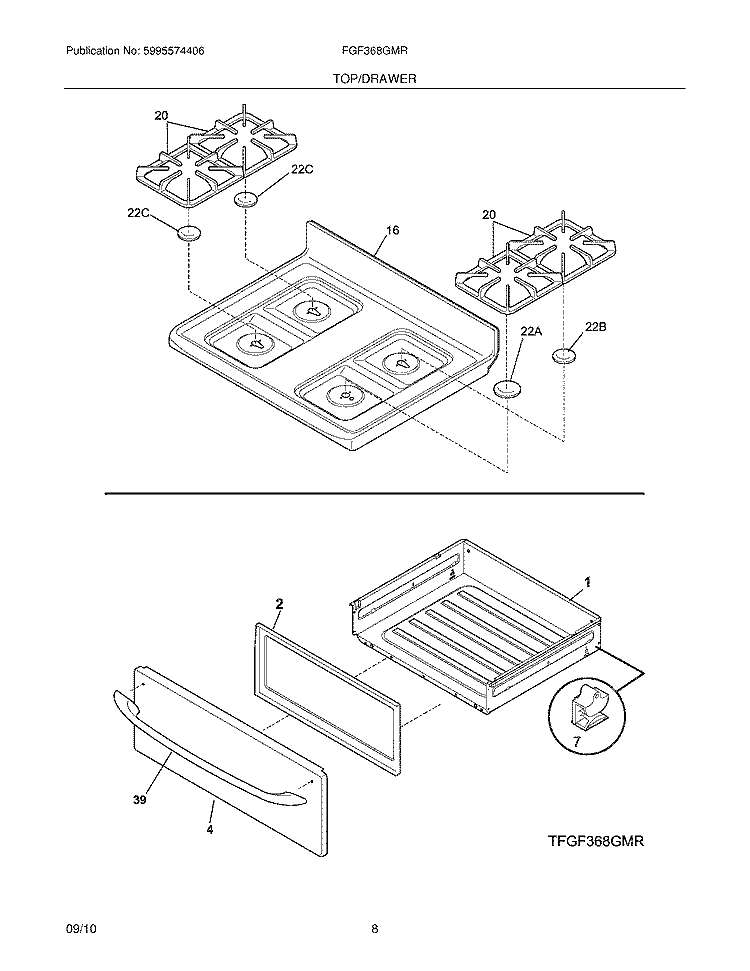 TOP/DRAWER Diagram and Parts List for FGF368GMR  Frigidaire Range