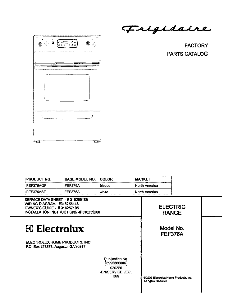 COVER Diagram and Parts List for FEF376AQF  Frigidaire Range