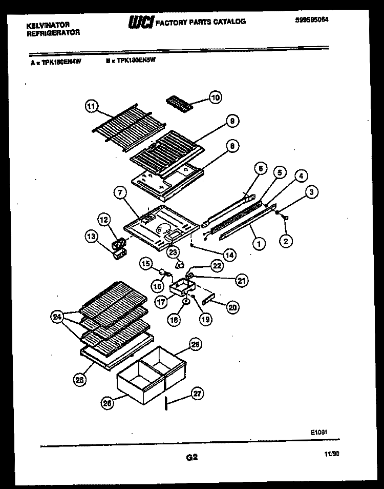 SHELVES AND SUPPORTS Diagram and Parts List for TPK180EN4W  Kelvinator Refrigerator