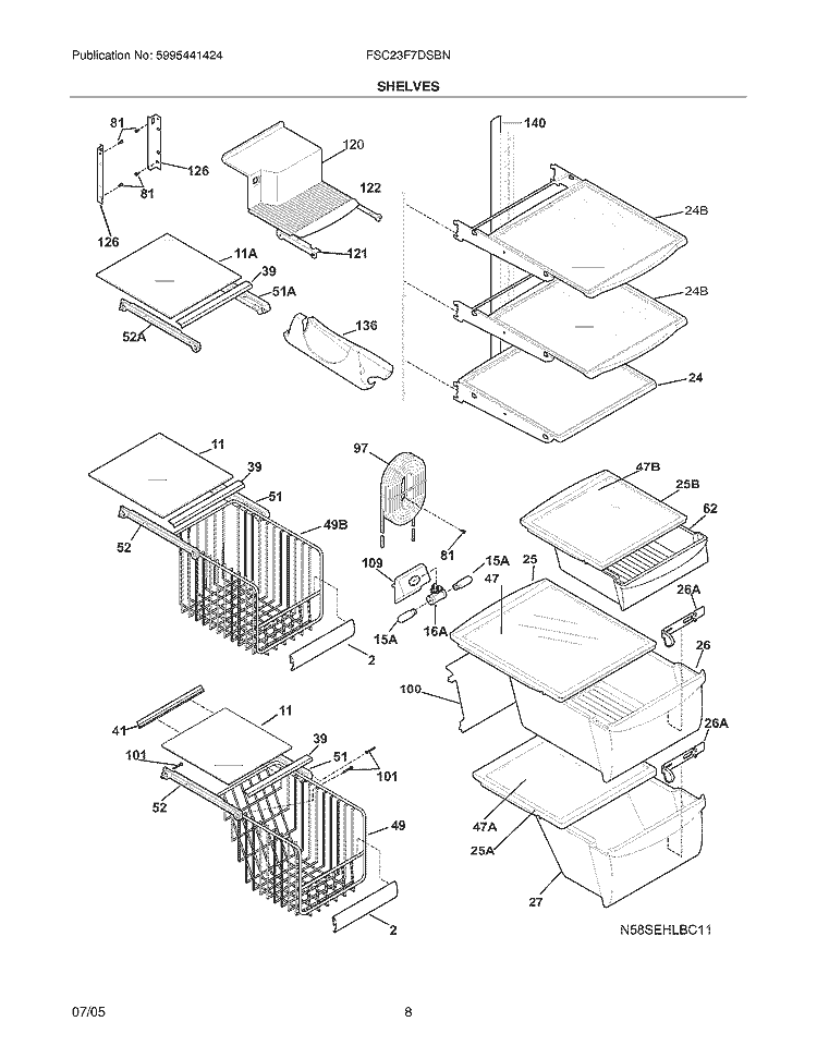 SHELVES Diagram and Parts List for FSC23F7DSBN  Frigidaire Refrigerator