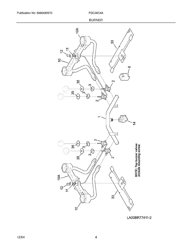 BURNER Diagram and Parts List for FGC36C4AUC  Frigidaire Cooktop