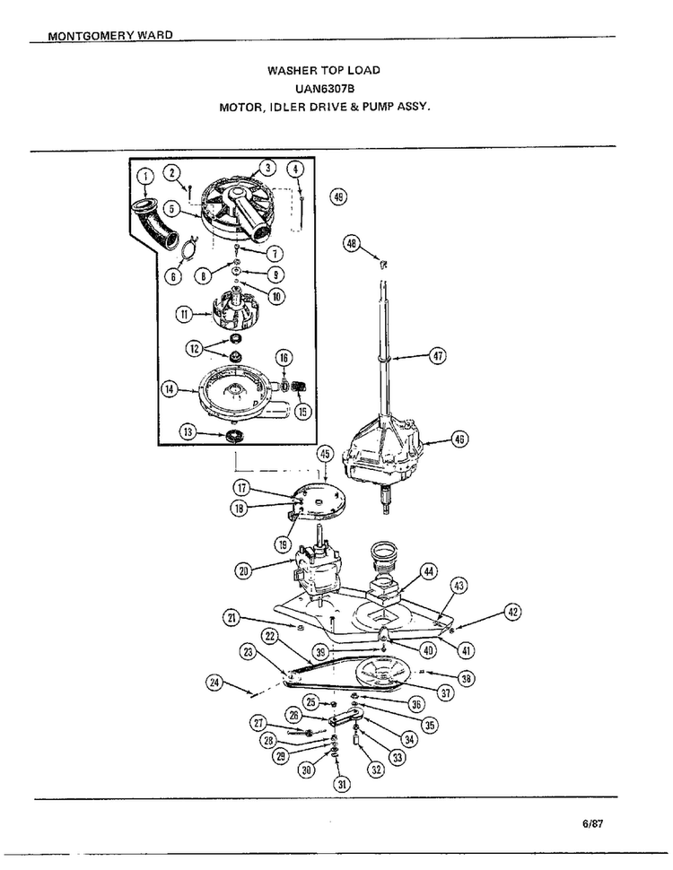 Motor, Idler Drive And Pump Assy Diagram and Parts List for 6307B  Frigidaire Washer