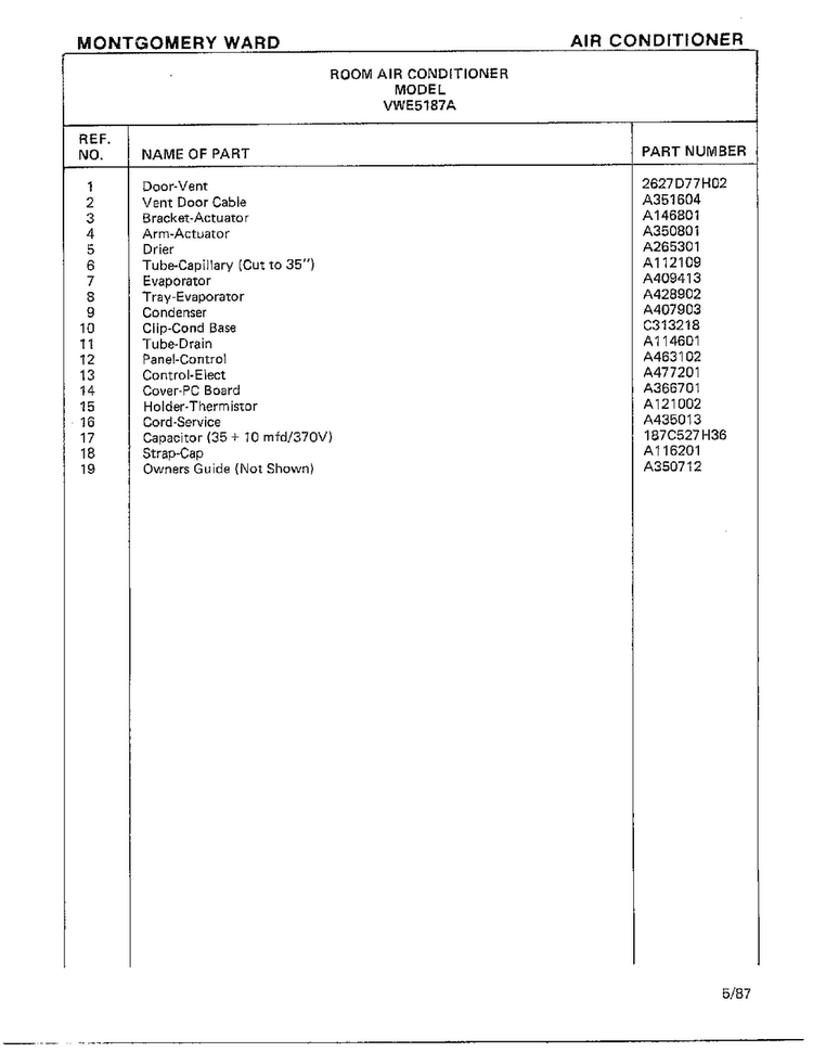 Air Conditioner Page 4 Diagram and Parts List for 5187A  Frigidaire Air Conditioner