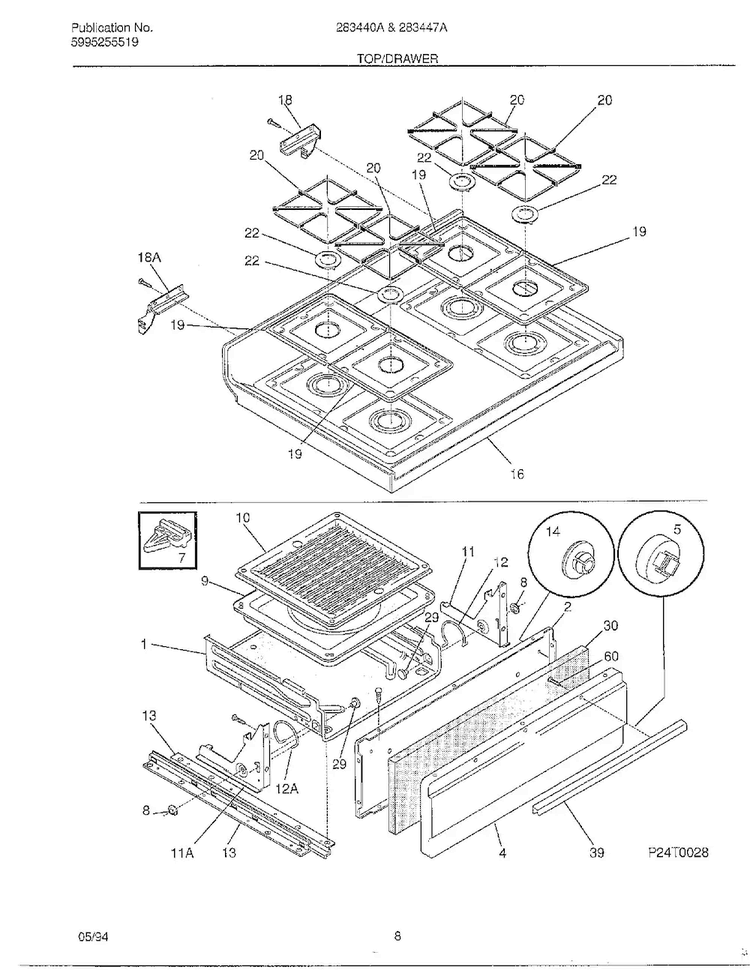 Top/drawer Diagram and Parts List for 283440A  Frigidaire Range