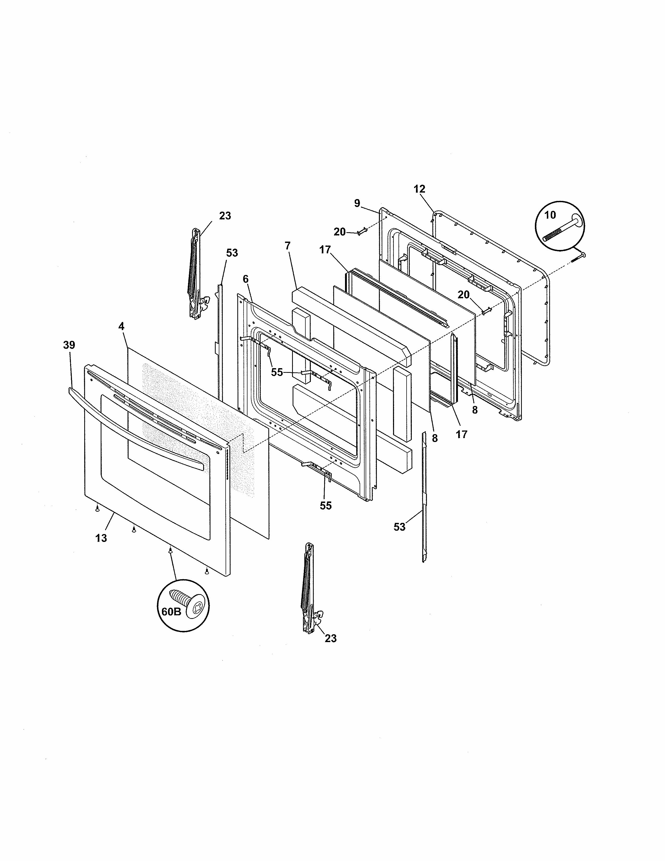 Door Diagram and Parts List for 970598434  Kenmore Range