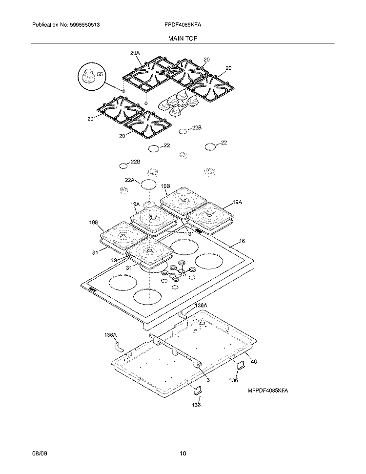 MAINTOP Diagram and Parts List for FPDF4085KFA  Frigidaire Range