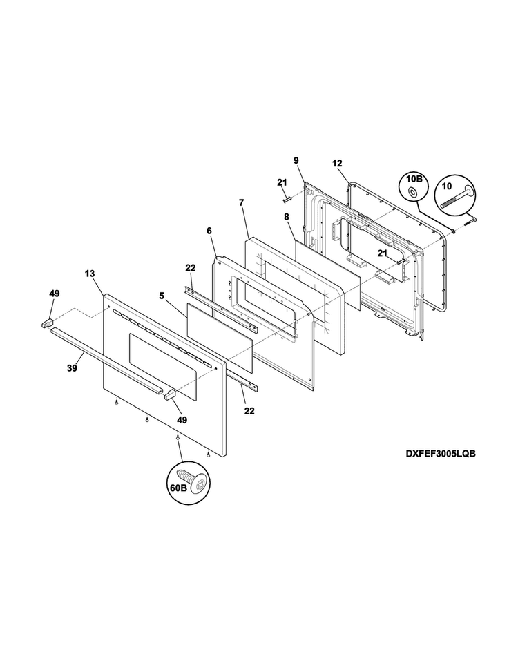 Door Diagram and Parts List for FFEF3005MQD  Frigidaire Range