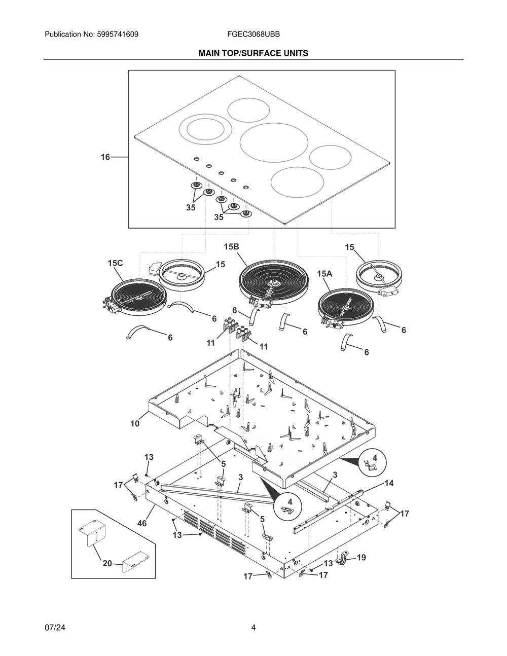 Main Top/Surface Units Diagram and Parts List for FGEC3068UBB  Frigidaire Cooktop