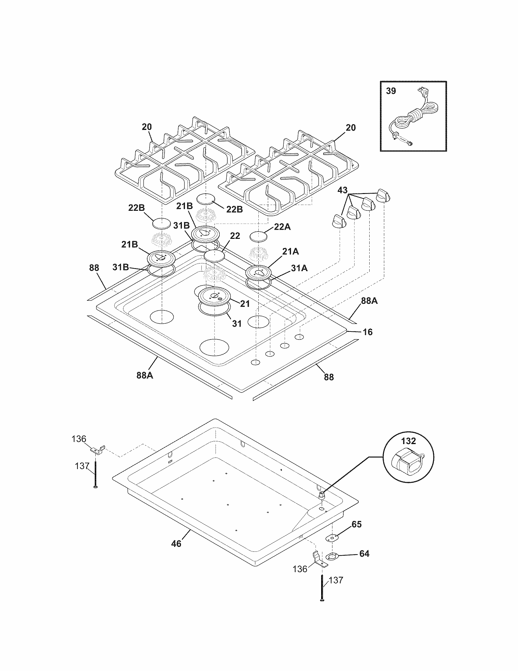 Maintop Diagram and Parts List for 79032423900  Kenmore Cooktop
