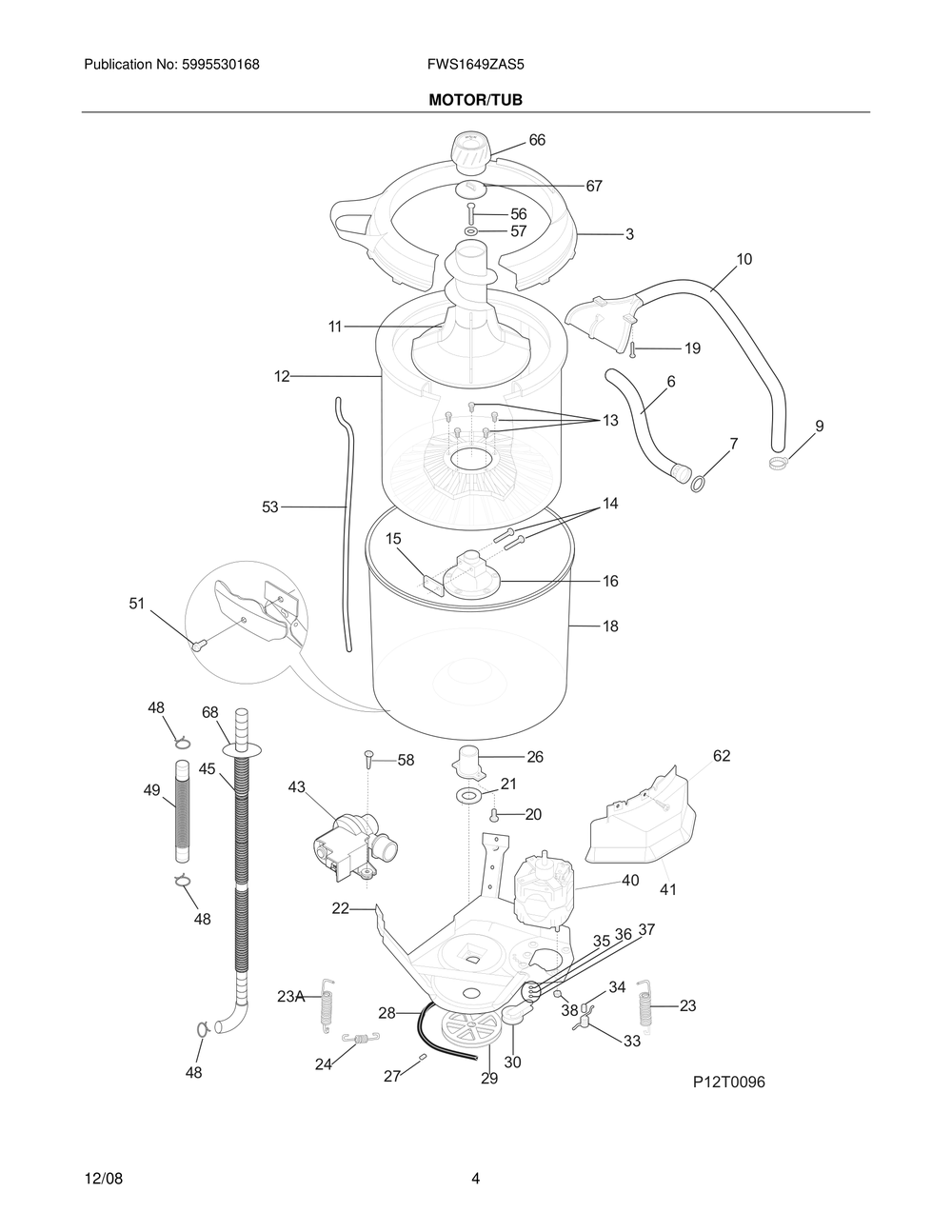 Motor/Tub Diagram and Parts List for FWS1649ZAS5  Frigidaire Washer
