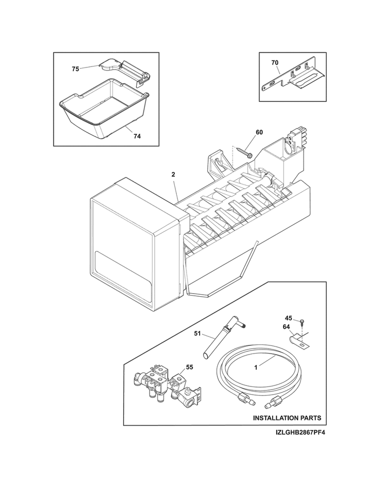 Freezer Ice Maker Diagram and Parts List for EW28BS85KSDA  Electrolux Refrigerator