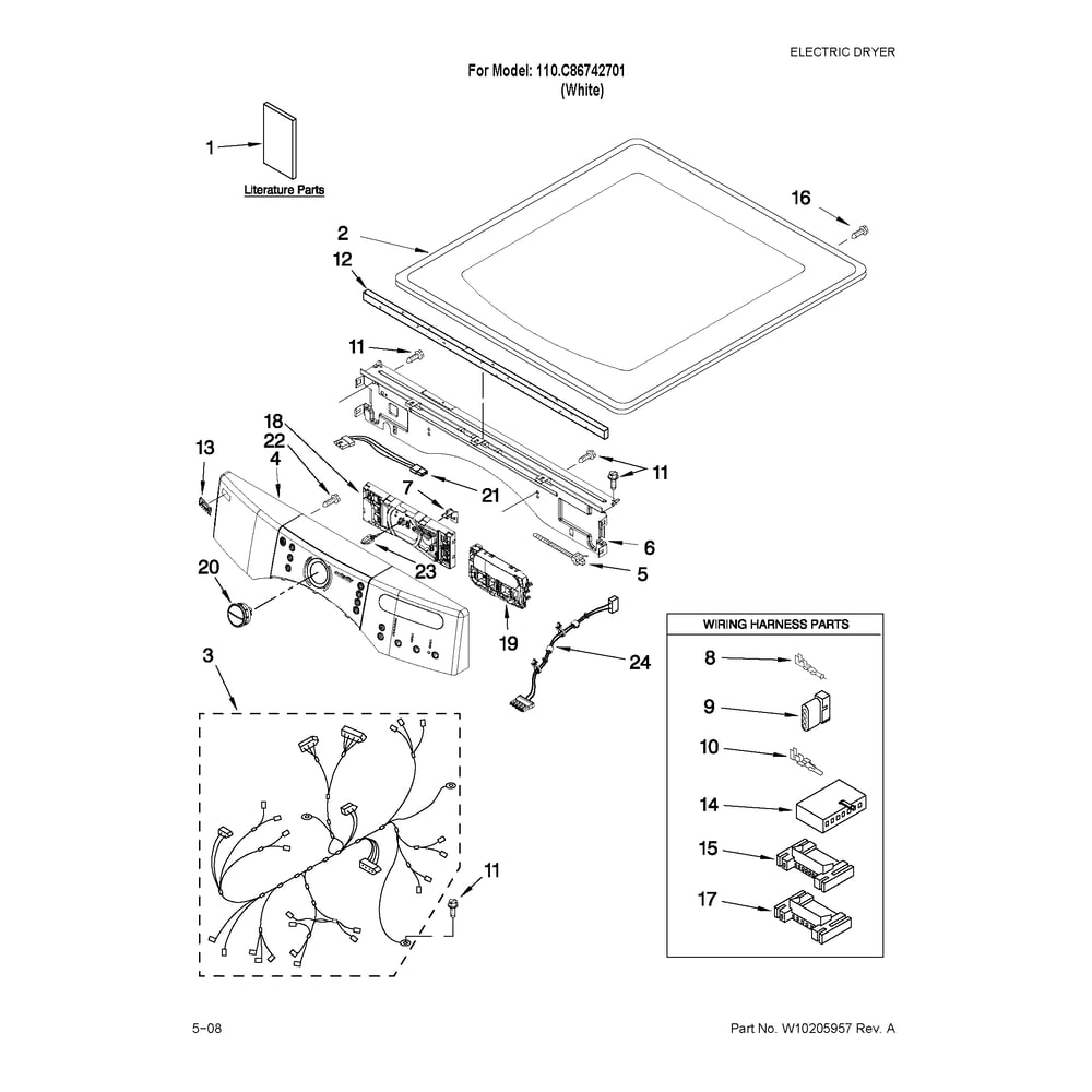 Top And Console Parts Diagram and Parts List for 110C86742701  Kenmore Dryer