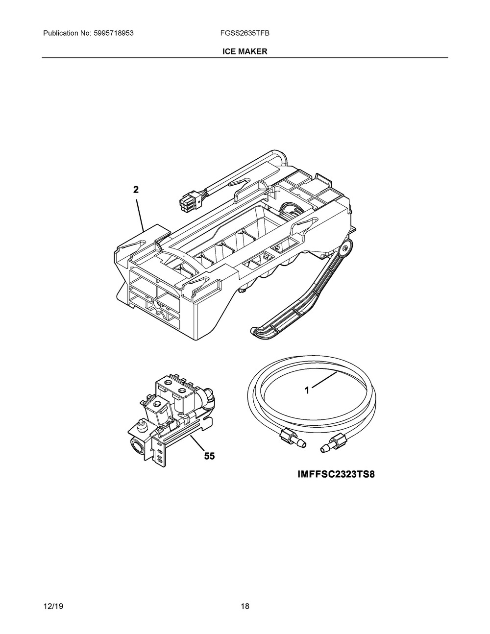 Ice Maker Diagram and Parts List for FGSS2635TFB  Frigidaire Refrigerator