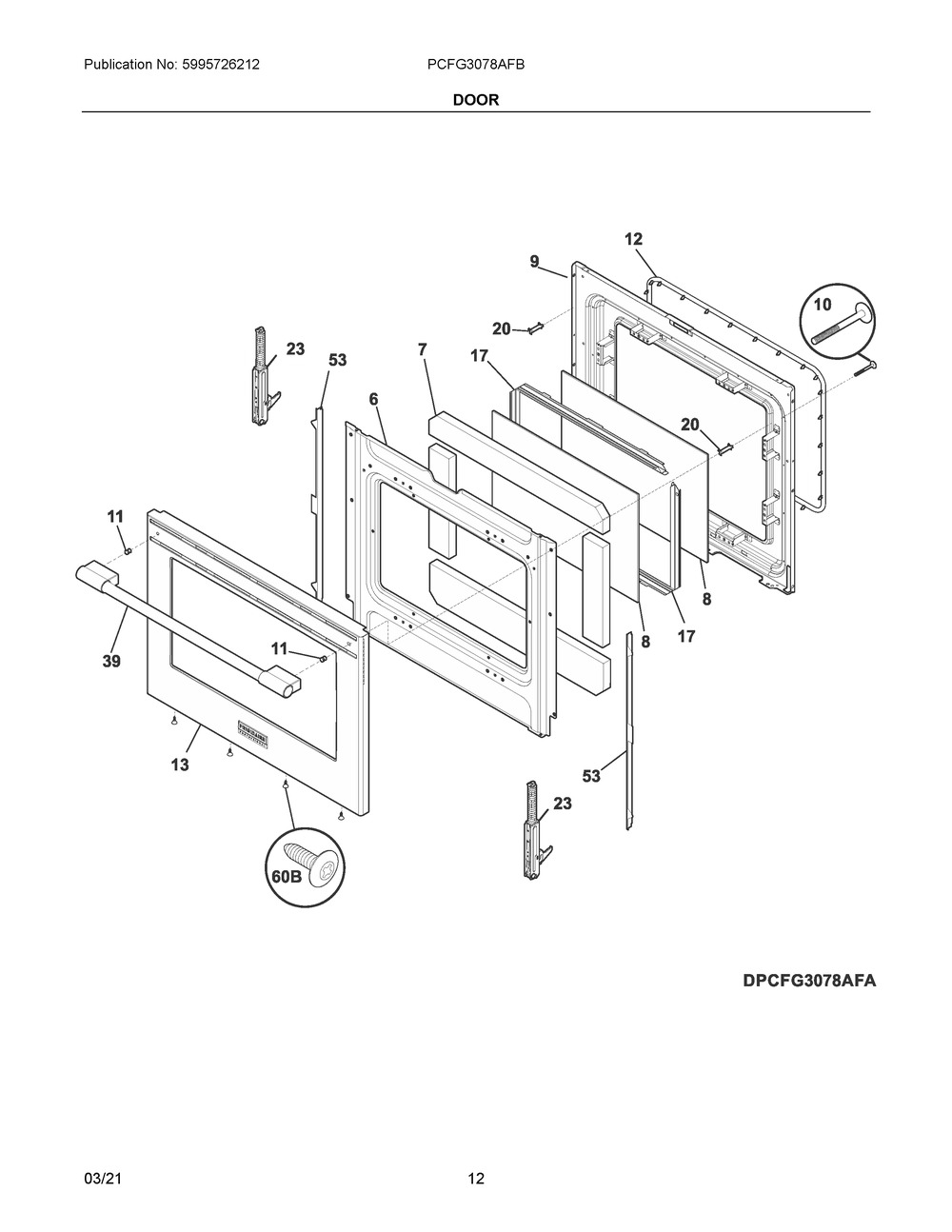 Door Diagram and Parts List for PCFG3078AFB  Frigidaire Range