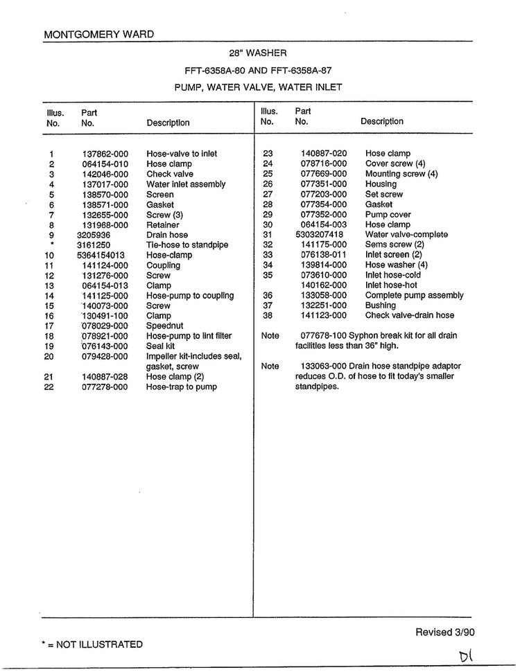 28" Washer/pump, Water Valve, Water Inlet Page 2 Diagram and Parts List for 6358A  Frigidaire Washer