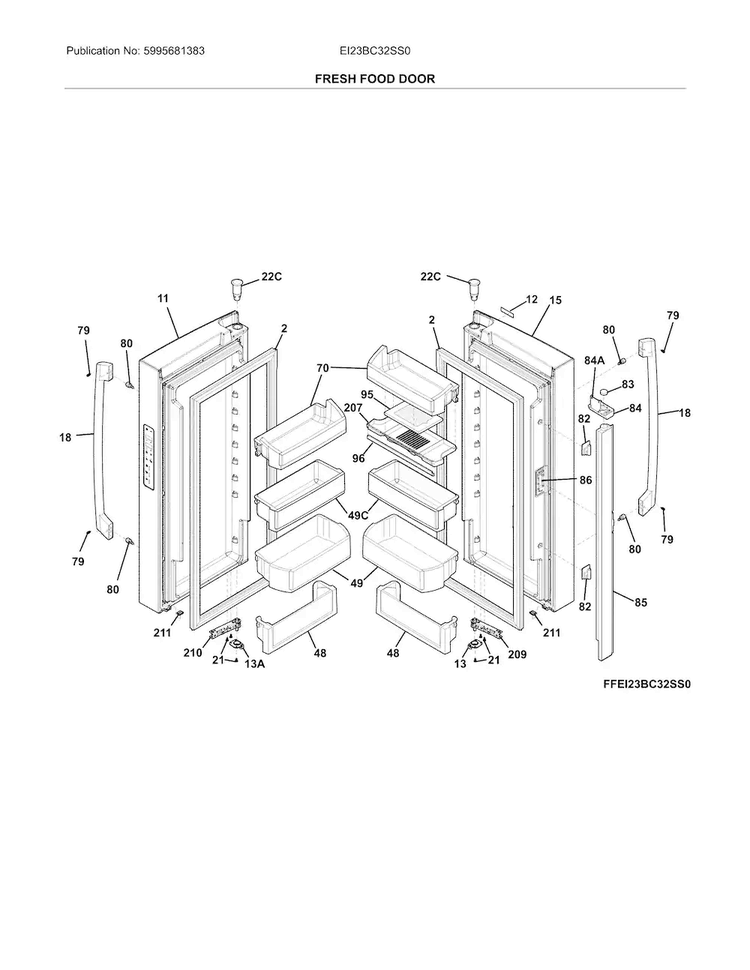 Fresh Food Doors Diagram and Parts List for EI23BC32SS0  Electrolux Refrigerator