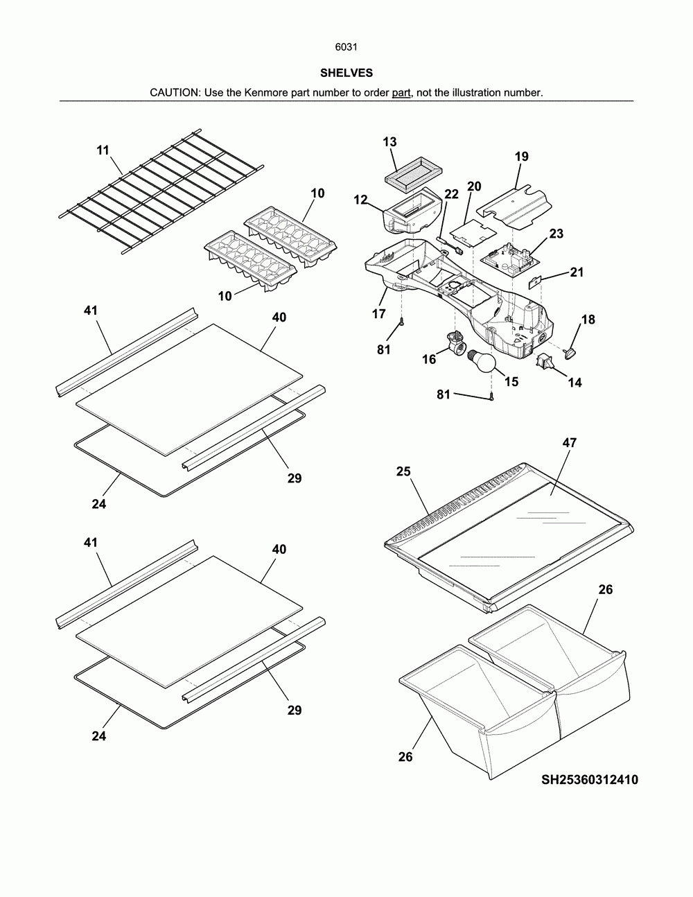 Shelves Diagram and Parts List for 25360312415  Kenmore Refrigerator