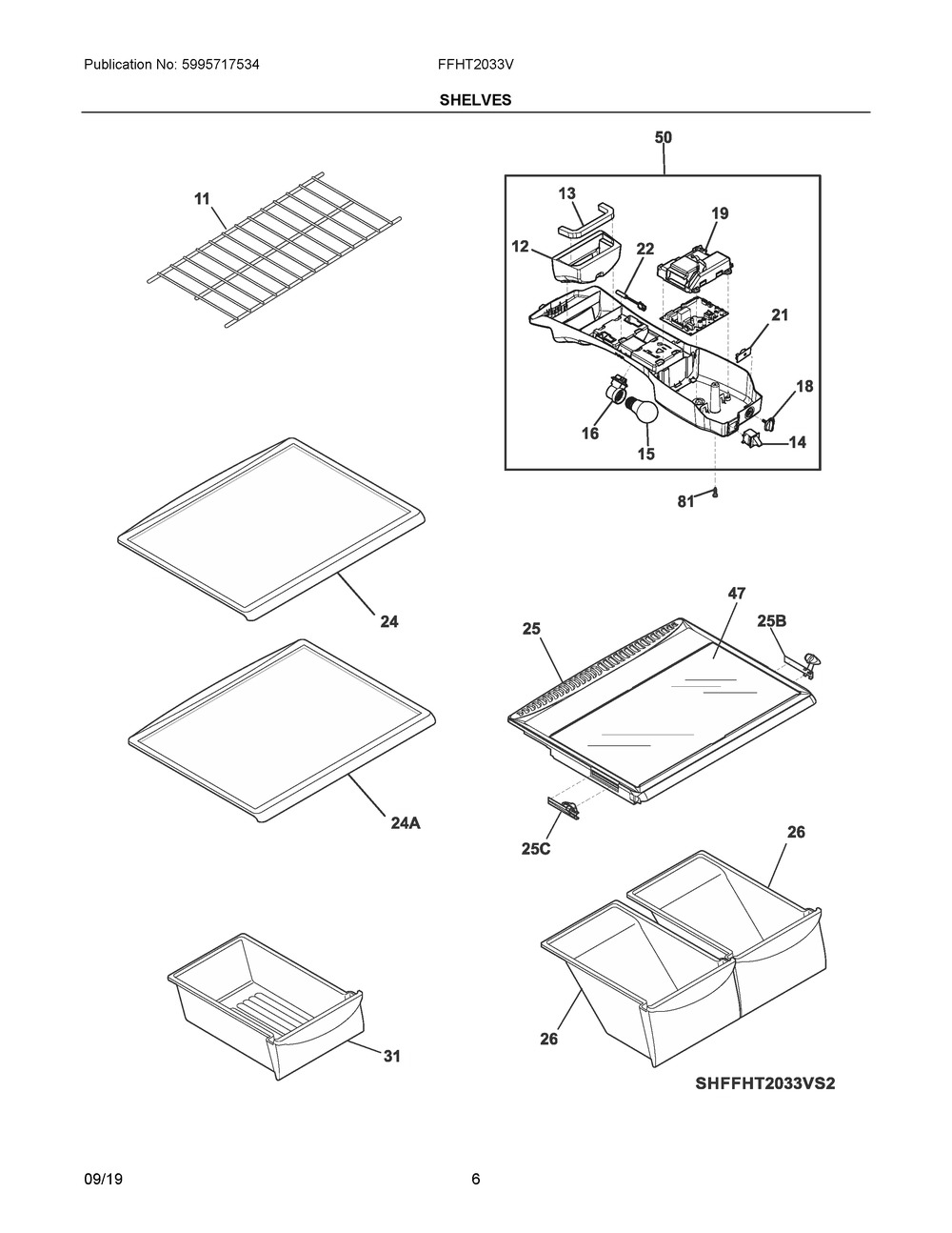 Shelves Diagram and Parts List for FFHT2033VS2  Frigidaire Refrigerator