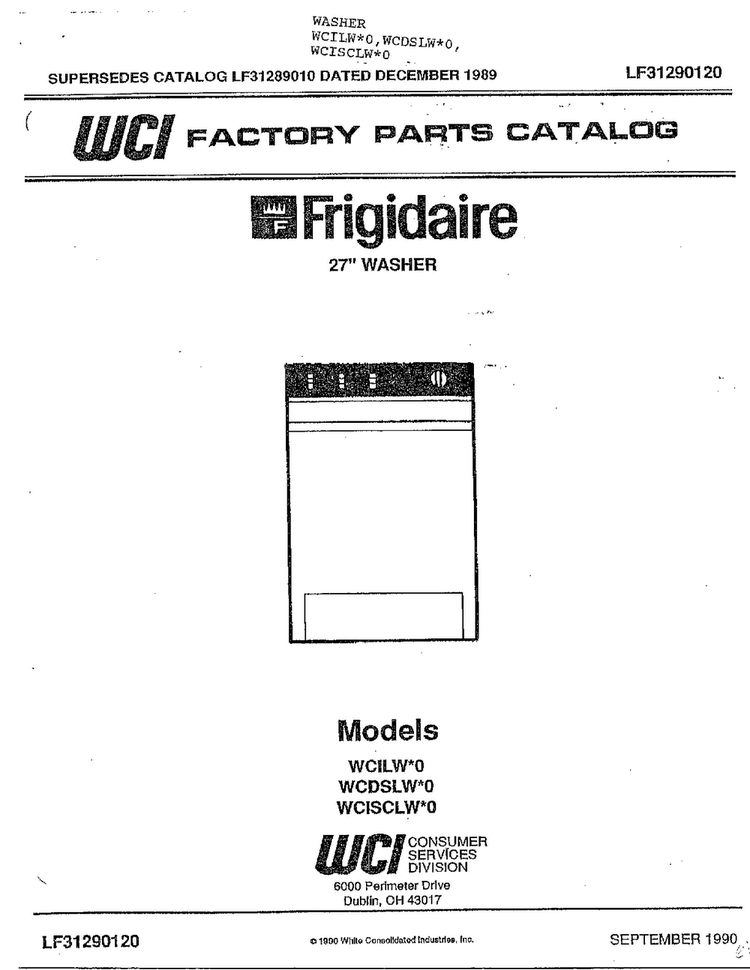 Front Page Diagram and Parts List for WCDSLW*O  Frigidaire Washer