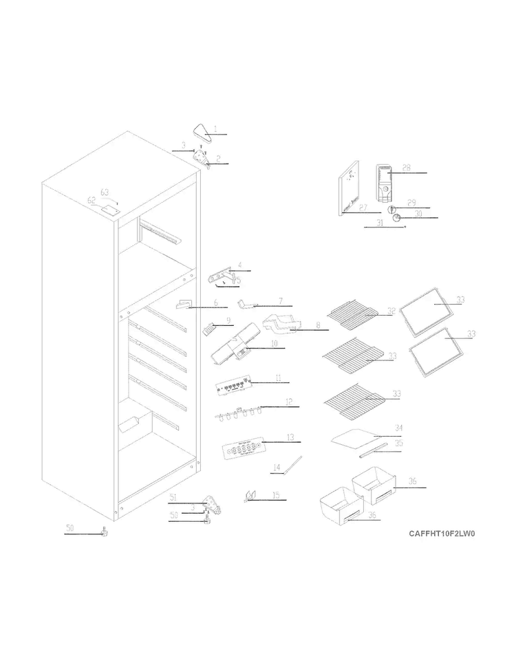 Cabinet/controls Diagram and Parts List for FFHT10F2LW  Frigidaire Refrigerator