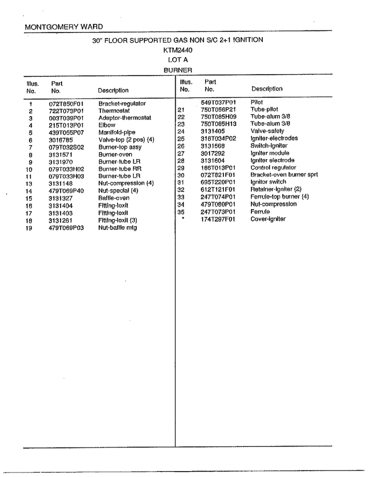 30"/burner Page 2 Diagram and Parts List for 2440A  Frigidaire Range