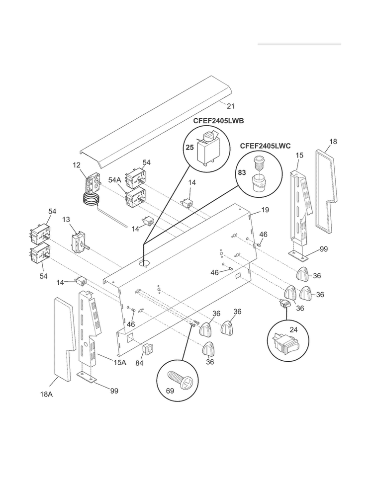 Backguard Diagram and Parts List for CFEF2405LWB  Frigidaire Range