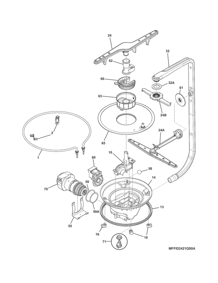 Motor & Pump Diagram and Parts List for FFID2421QS2A  Frigidaire Dishwasher