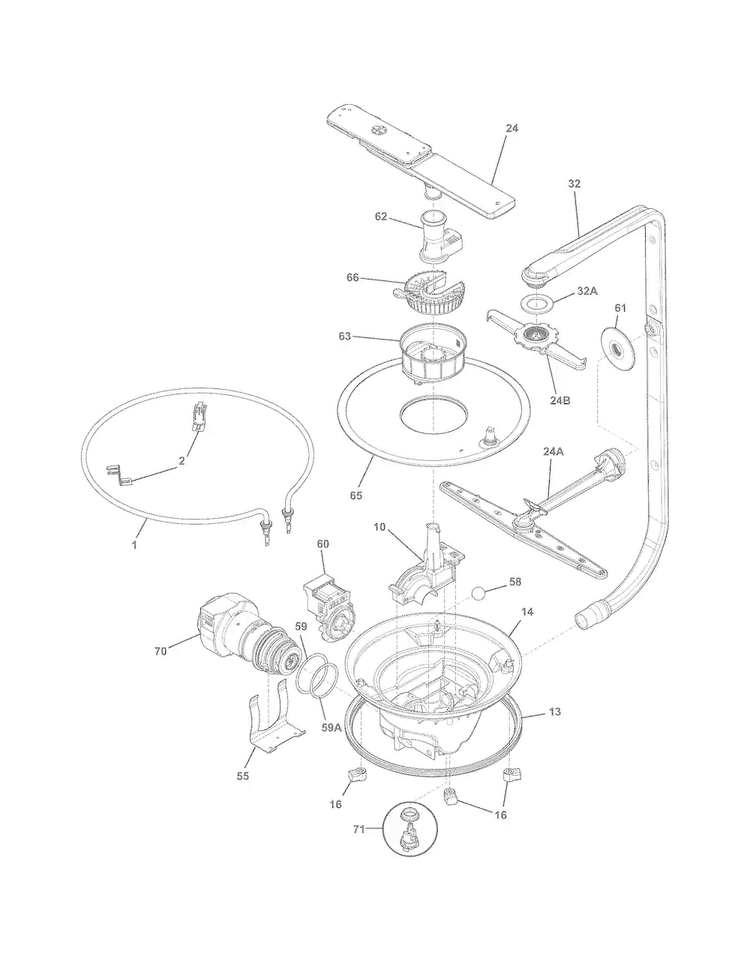 Motor & Pump Diagram and Parts List for DGBD2438PF0A  Frigidaire Dishwasher