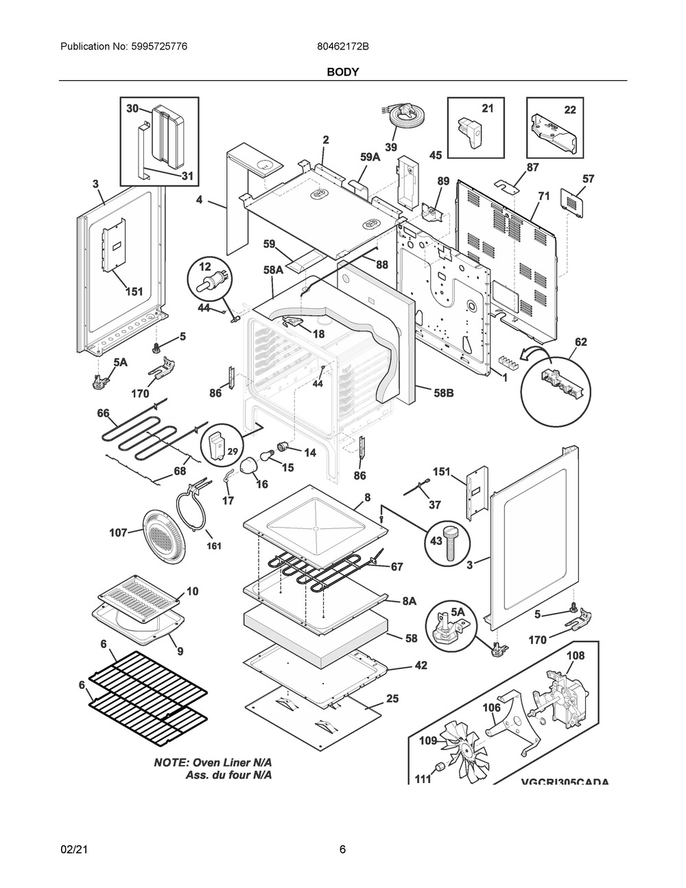 Body Diagram and Parts List for 80462172B  Frigidaire Range