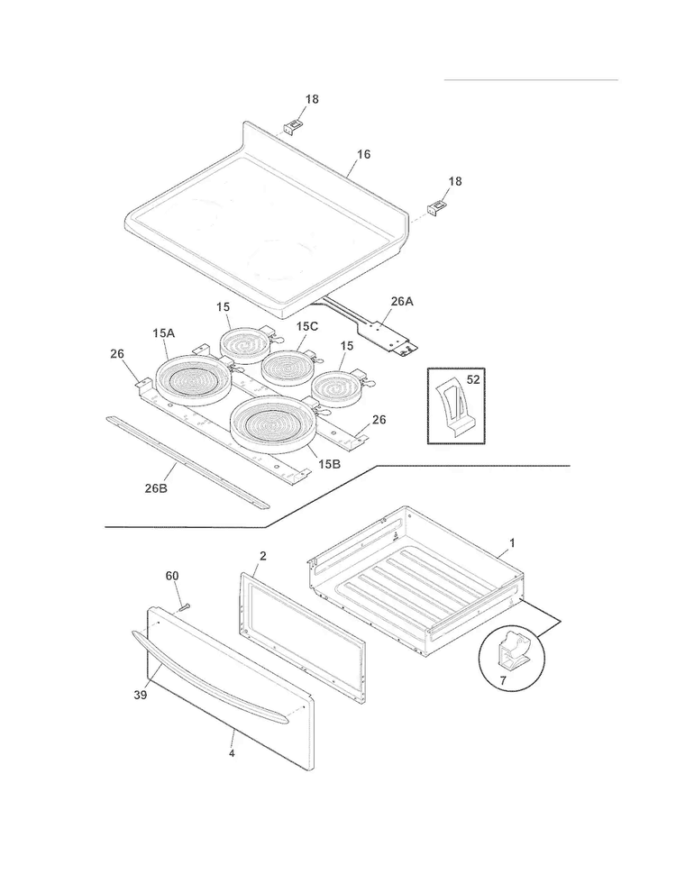 Top/drawer Diagram and Parts List for LGEF3045KFH  Frigidaire Range