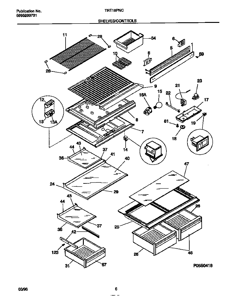 SHELVES / CONTROLS Diagram and Parts List for TRT18PNCW1  Tappan Refrigerator