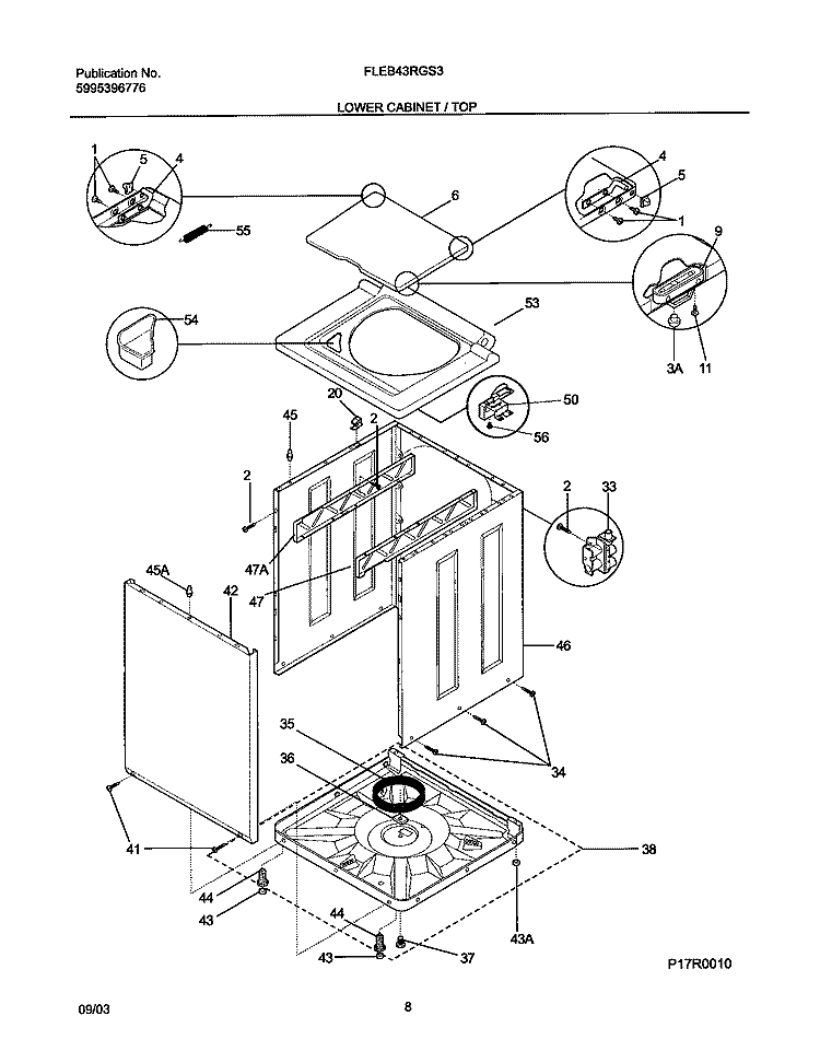 LOWER CABINET / TOP Diagram and Parts List for FLEB43RGS3  Frigidaire Washer Dryer Combo