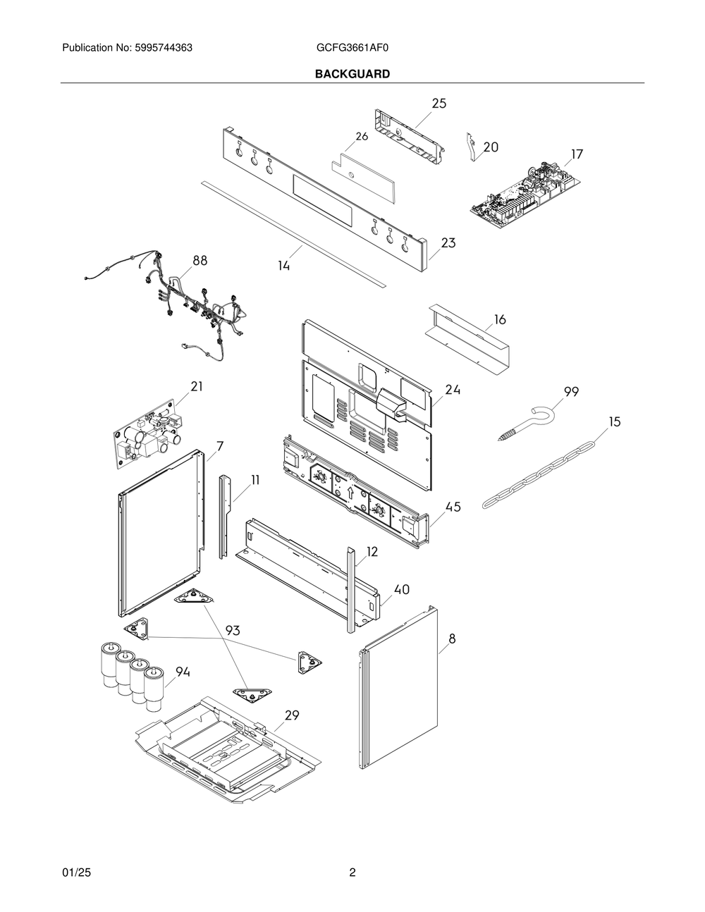 Backguard Diagram and Parts List for GCFG3661AF0  Frigidaire Range
