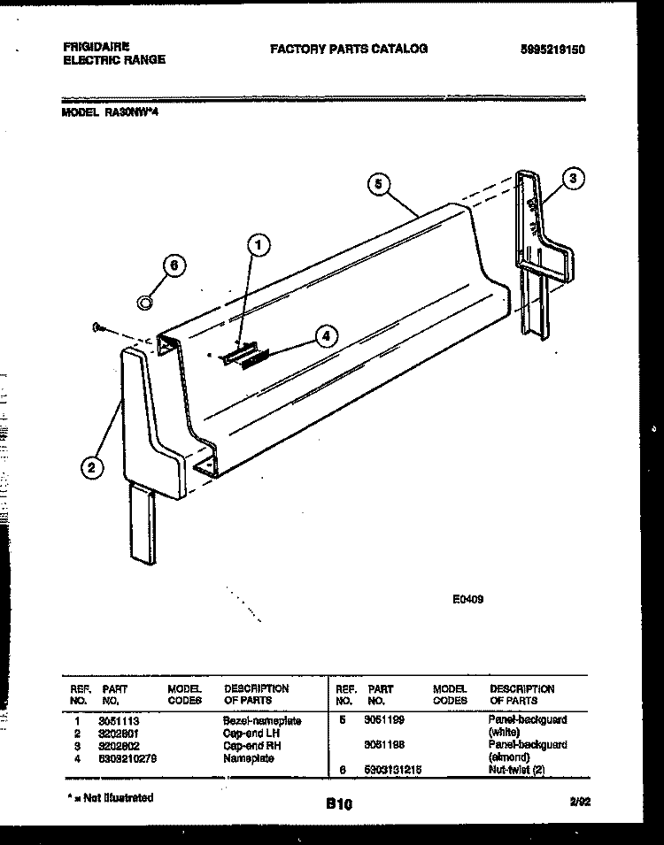 BACKGUARD Diagram and Parts List for RA30NL4  Frigidaire Range