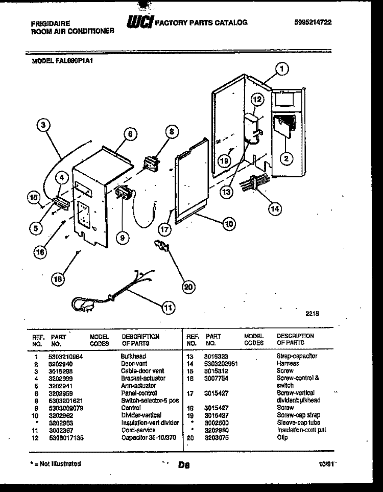 ELECTRICAL PARTS Diagram and Parts List for FAL096P1A1  Frigidaire Air Conditioner