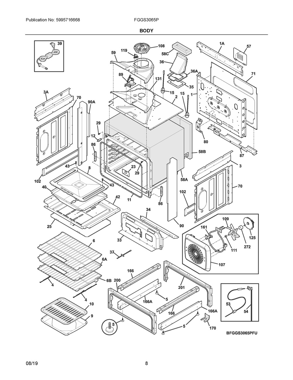Body Diagram and Parts List for FGGS3065PBU  Frigidaire Range