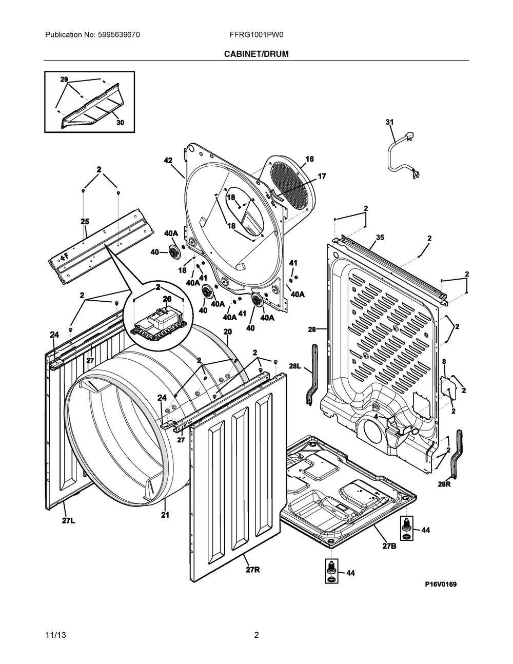 Cabinet/drum Diagram and Parts List for FFRG1001PW0  Frigidaire Dryer